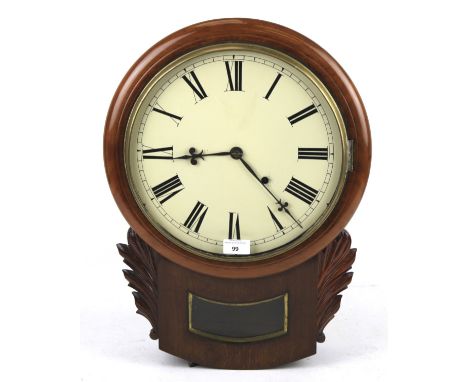 An eight-day mahogany cased pendulum wall clock. With cream enamel dial, Roman numerals. Pendulum and key present. 38cm diame