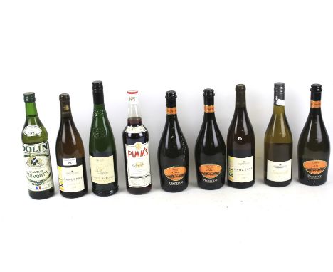 Nine bottles of assorted spirits and sparking wine. Including  three Prosecco Corte delle Calli 75cl and a Pimms No.1 70cl, e