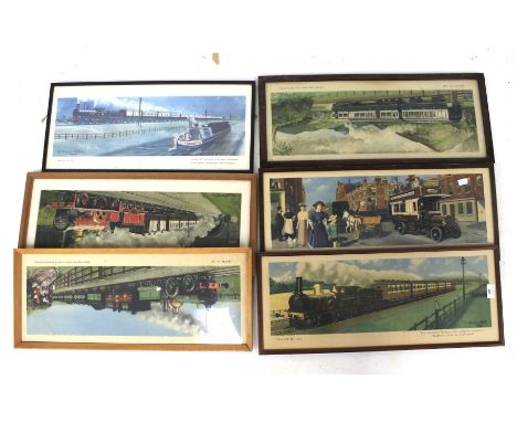 Five C Hamilton Ellis prints from the 'Travel In' series. Depicting locomotives and carriages, 62cm x 24cm, together with an 