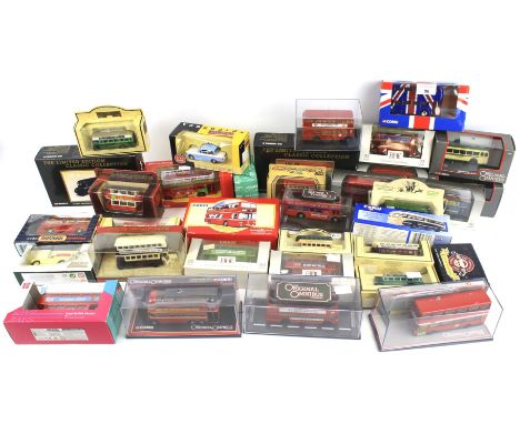 A collection of over thirty assorted diecast model buses. Including Matchbox, Corgi and Lladro, etc.  All in original packagi