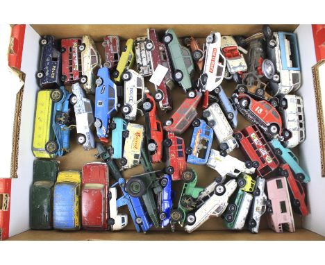 A box of assorted playworn vintage diecast model vehicles. Including Dinky, Corgi and Lesney. 