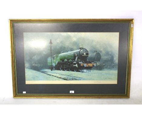 Train print. Showing Flying Scotsman in frame signed 'David Shepherd', H71cm x W104cm.  Condition Report: Signed in pencil an