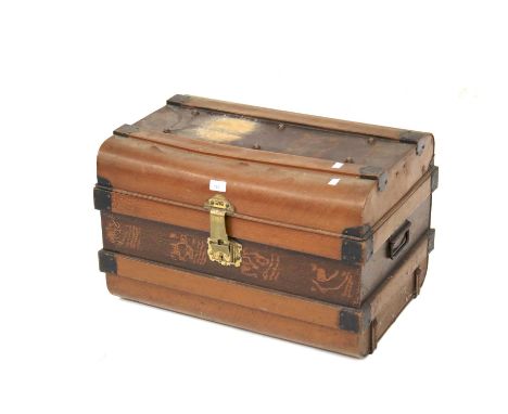 A metal bound trunk. Brown exterior finish with a green interior finish, H41cm x W65cm x D44cm.