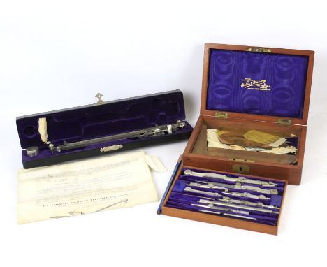 Collection of draughtsman's drawing tools. Including JA Miles drawing set in wooden box etc.