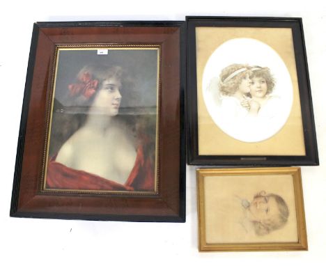 Three framed pictures. A framed and glazed portrait of a young lady, a Narriett M Bennett portrait of two young girls dressed