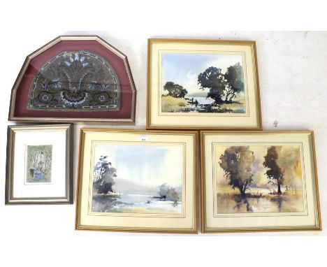 Five framed and glazed pictures. Including three Harry Vaux watercolours, 34cm x 26cm, a limited edition print, and a framed 