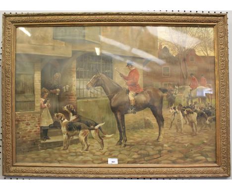 Hunting print. Showing horses and hounds in frame, H64cm x W90cm. 