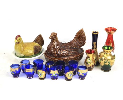 Assorted ceramics and glass. Noting two ceramic chicken dishes including Portmeirion. 
