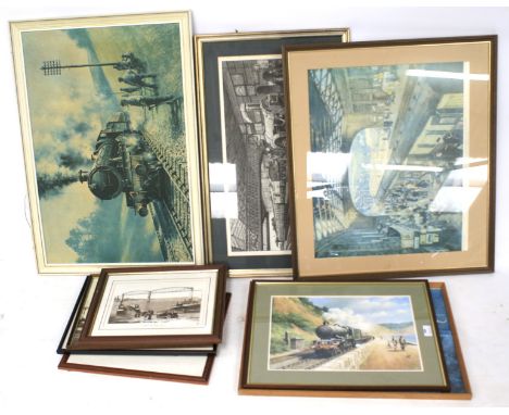 Nine framed railway prints and photographs. Including 'The Building of Saltash Bridge', a S P Bowditch limited edition signed