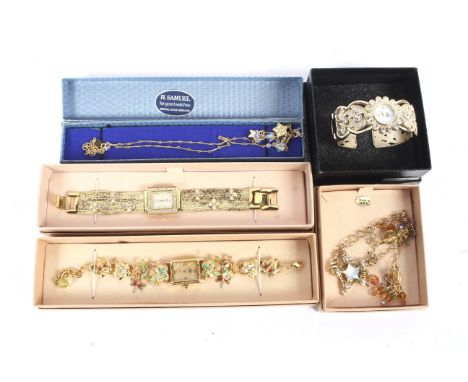 Assorted costume jewellery boxed and two  'Kirks Folly' ladies watches. Including a Joan Rivers bangle, etc.