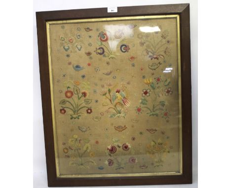 19th century needlework tapestry. Flora and fauna detailing, H74cm x W61cm