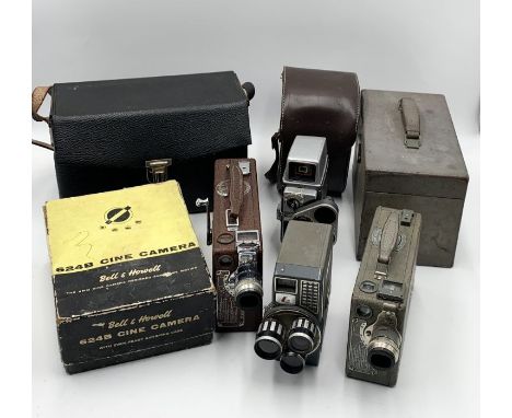 A collection of vintage cameras including two Cine-Kodak movie makers in original cases with additional lenses etc. Two Bell 