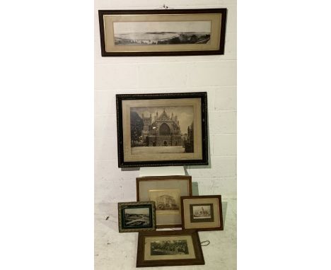 A collection of vintage local interest framed pictures including a Panorama of Exmouth, Exeter Cathedral etc.