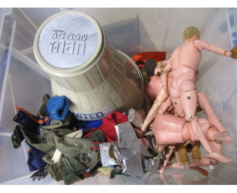 A selection of play worn vintage Palitoy action men with accessories including space capsule, survival raft etc
