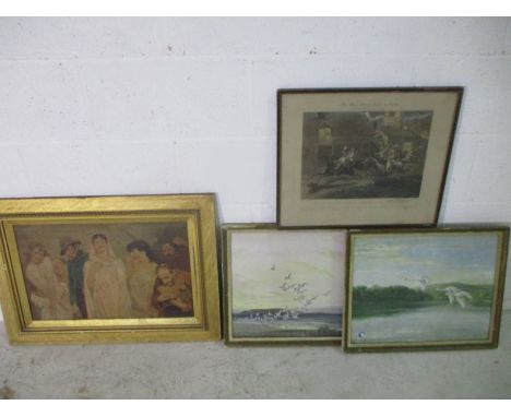 Four vintage prints- "The first Steeplechase, Nacton Church and Village" hand tinted engraving, Fabio Fabbi and two Vernon Wa