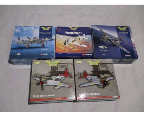 A collection of five boxed limited edition Corgi Aviation Archive die-cast planes (1:72 scale) including two Raid on Ploesti 