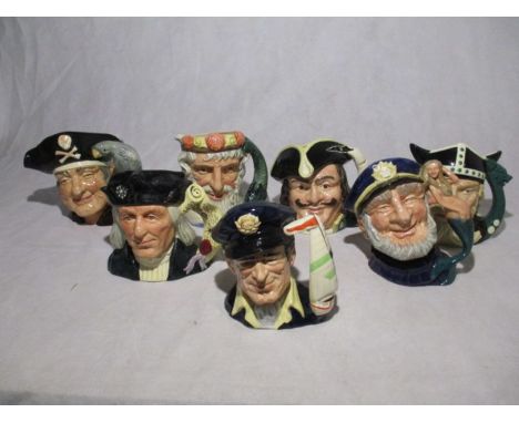 A collection of seven Royal Doulton Nautical character jugs including Long John Silver, Captain Henry Morgan, Neptune, Old Sa