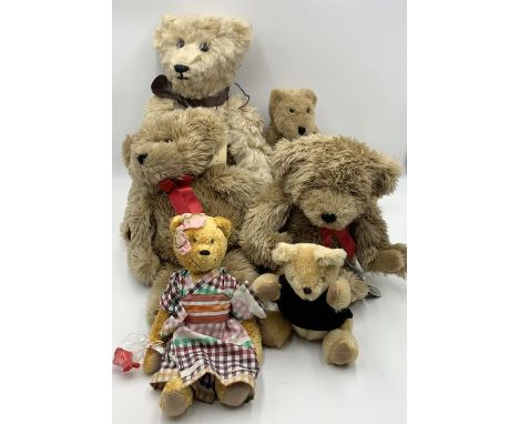 A collection of various plush and collectable Teddy bears including The Boyd Collection Bubba Bear, two Harrods bears, a larg