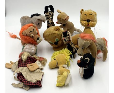 A collection of vintage felt animal teddys including a Steiff donkey and Gretel hand puppet, lions, dogs etc