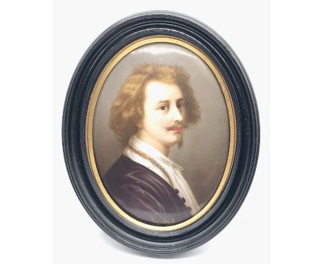 After Van Dyck, a framed portrait of a gentleman on oval porcelain plaque