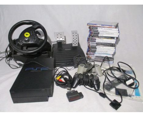 A Playstation 2 console with two controllers, cables and manual, along with a selection PS2 games, Thrustmaster racing wheel/