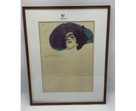 A print of a portrait sketch of a woman's head in the Edwardian style wearing suffragette colours, indistinct facsimile signa