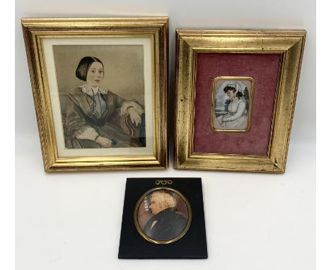 A miniature portrait of a gentleman along with a watercolour of a lady and a miniature of a girl in a garden setting (slight 