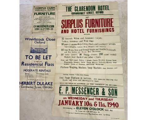 A collection of vintage posters (circa 1940) detailing a number of Auctions and Sales from the Oxford area, one for The Clare