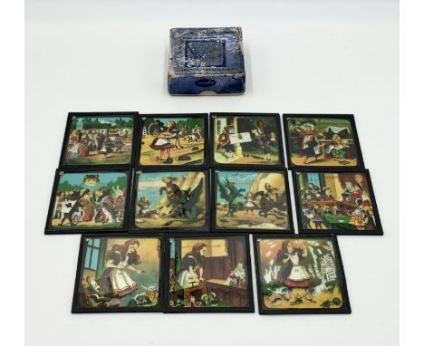 A collection of eleven turn of the century Alice in Wonderland magic lantern slides, with brightly-coloured designs in the st