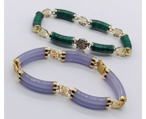 A 14ct gold sectional bracelet set with jade along with a 925 silver bracelet with malachite