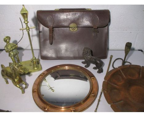 A vintage leather case and a collection of Brass, Copper etc