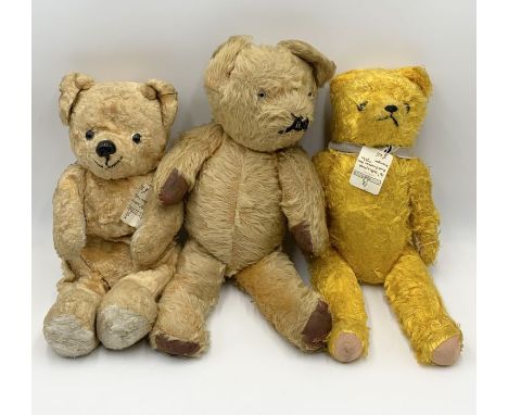 Three vintage teddy bears 1950's/60's with glass eyes, one with blue eyes 