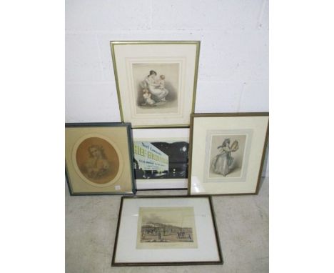A collection of pictures including a fashion print, hand coloured portrait etc.
