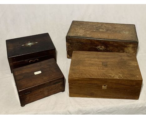 A collection of four vintage wooden boxes including two writing slopes (A/F) one with mother of pearl inlay.