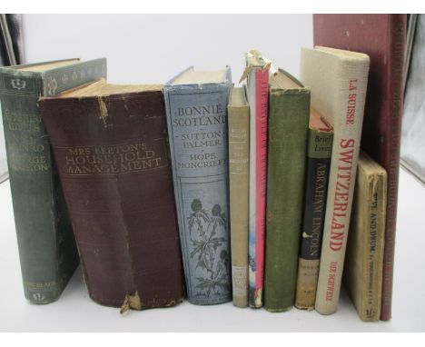 A collection of vintage and antique books including Mrs Beeton's Household Management and "Randolph Caldecott - His Early Car