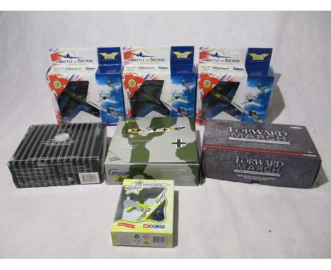 A collection of three boxed Corgi Aviation Archive "Battle of Britain Commemorating 60 Years" die-cast model planes, along wi