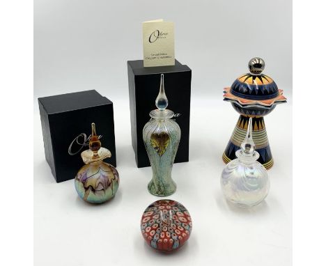 Two Limited Edition Okra glass scent bottles with original boxes one signed Richard Golding 14/50 the other 26/100 signed by 