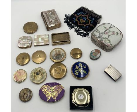 A collection of vintage compacts, boxes, mother of pearl book of prayer etc