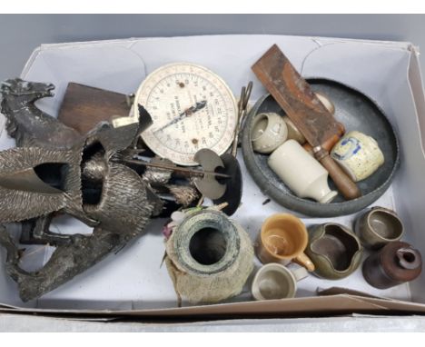 Box of metalware and Pottery to include tie press salters gascoigne milk scales etc