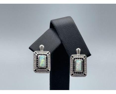 Pair of silver CZ and opal panelled Art Deco style earrings