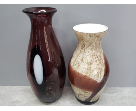 2 large coloured glass vases in purple and cream H43cm plus dark and light brown H36cm