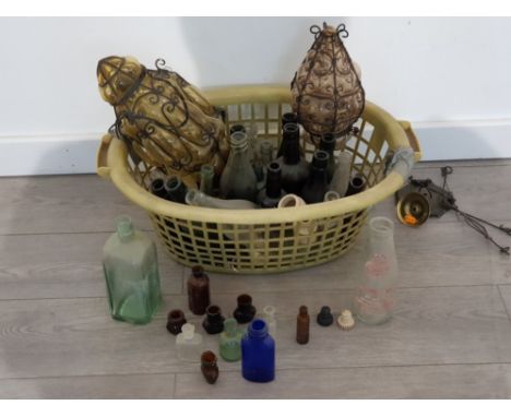 Collection of miscellaneous bottles and stoppers  together with two light fittings