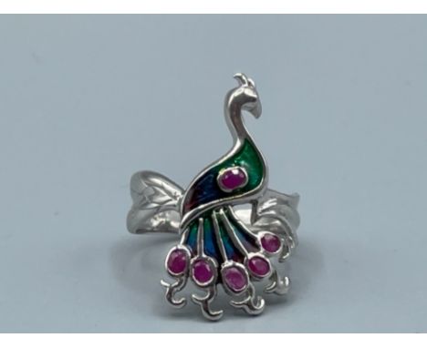 Silver plique a jour and ruby peacock ring size R 5.6g