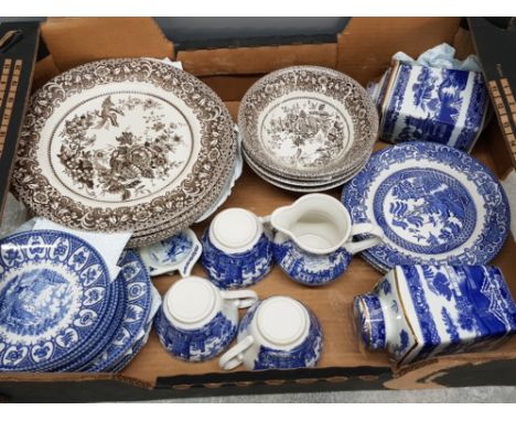 Box containing mainly blue and white ware Broadhurst and Ringtons plus English brown ironstone plates