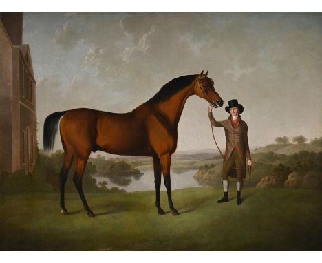 CHARLES TOWNE (BRITISH 1763 - 1840) MR. THOMAS EWART'S BAY RACEHORSE HELD BY A TRAINER IN THE GROUNDS OF HIS COUNTRY HOUSE, E
