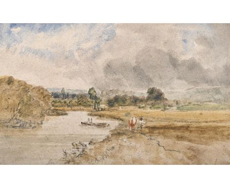 CIRCLE OF JOHN CONSTABLE (BRITISH 1776-1837)  FIGURES IN A RIVER LANDSCAPE Pencil and watercolour  Dated 'July 27. 1835' (low