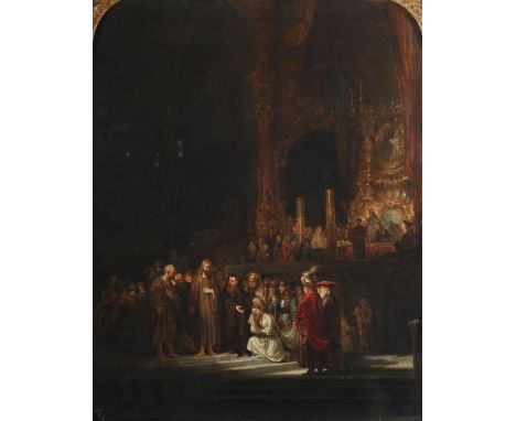 AFTER REMBRANDT HARMENSZOON VAN RIJN THE WOMAN TAKEN IN ADULTERY Oil on panel 84 x 65.7cm (33 x 25¾ in.)  After the picture i