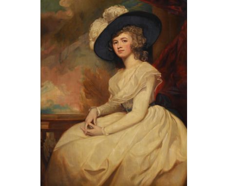 AFTER GEORGE ROMNEY PORTRAIT OF FRANCES PULESTON, MRS. BRYAN COOKE, SEATED THREE-QUARTER-LENGTH, IN A WHITE DRESS AND LARGE F