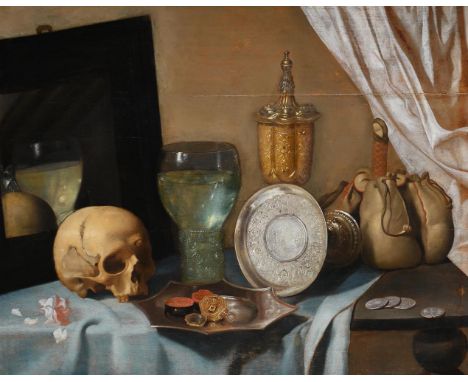 DUTCH SCHOOL (CIRCA 1630-1640) STILL LIFE WITH SKULL AND TAZZA Oil on panel 80 x 98cm (31¼ x 38½ in.) Executed with great com
