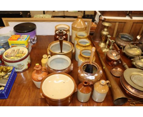 A collection of various stoneware bottles and jars; a turned wooden candlestick; hand brush etc. 